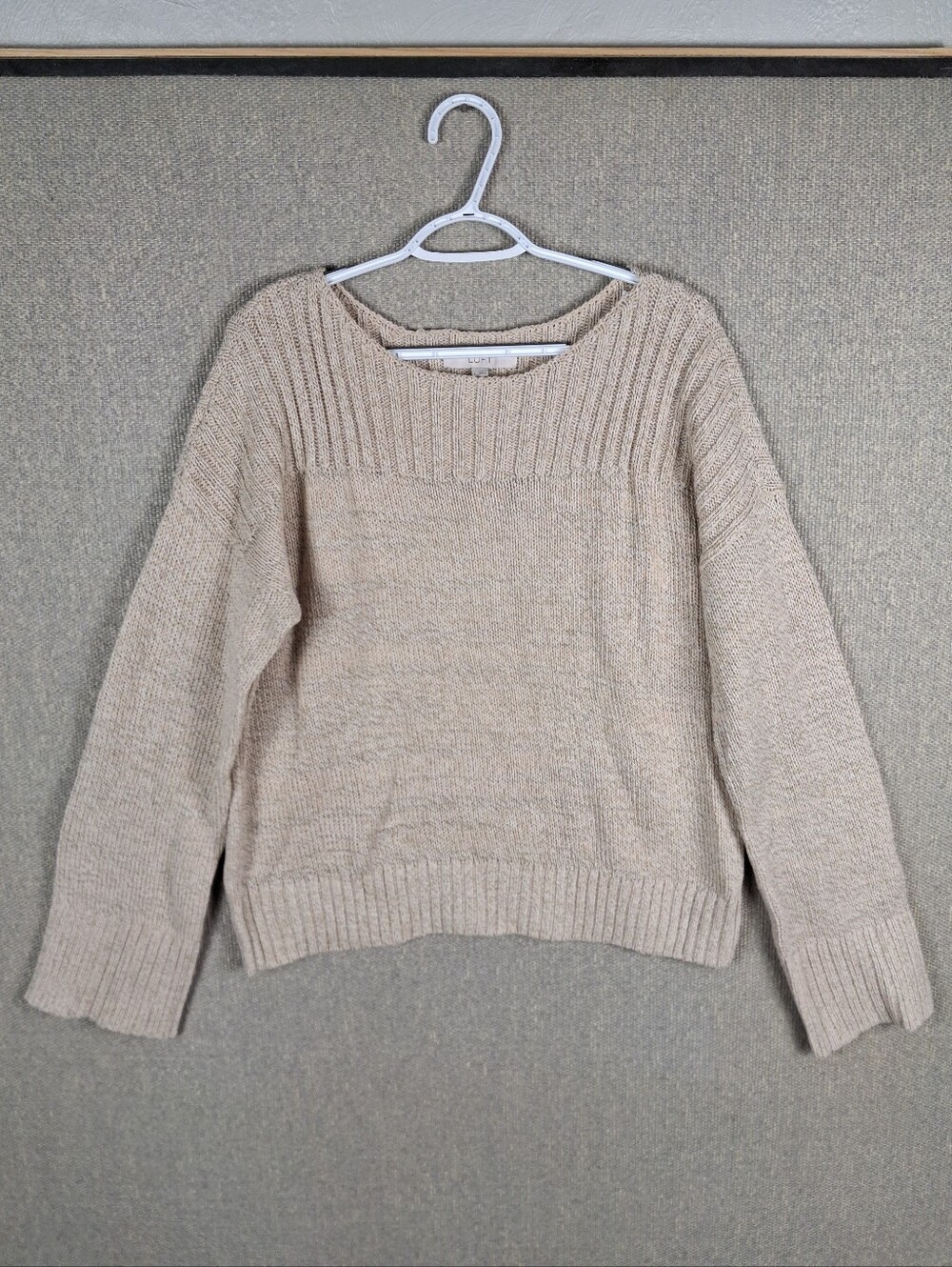 LOFT Marled Knit Drop-Shoulder Yoke Pullover Sweater Cozy Beige Womens Large